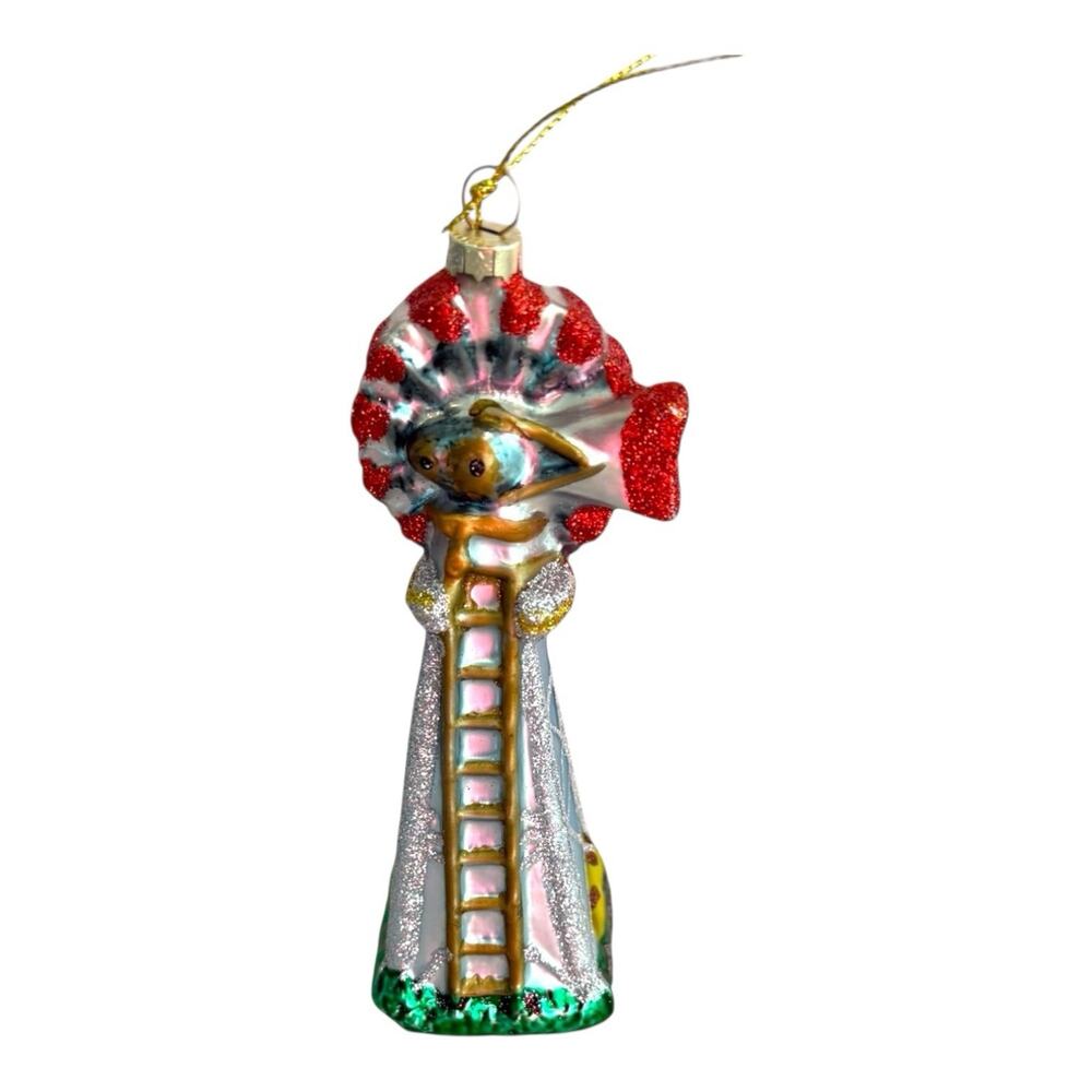 Farm Windmill Rustic Midwest‎ Glass Christmas Ornament Red Green White EUC